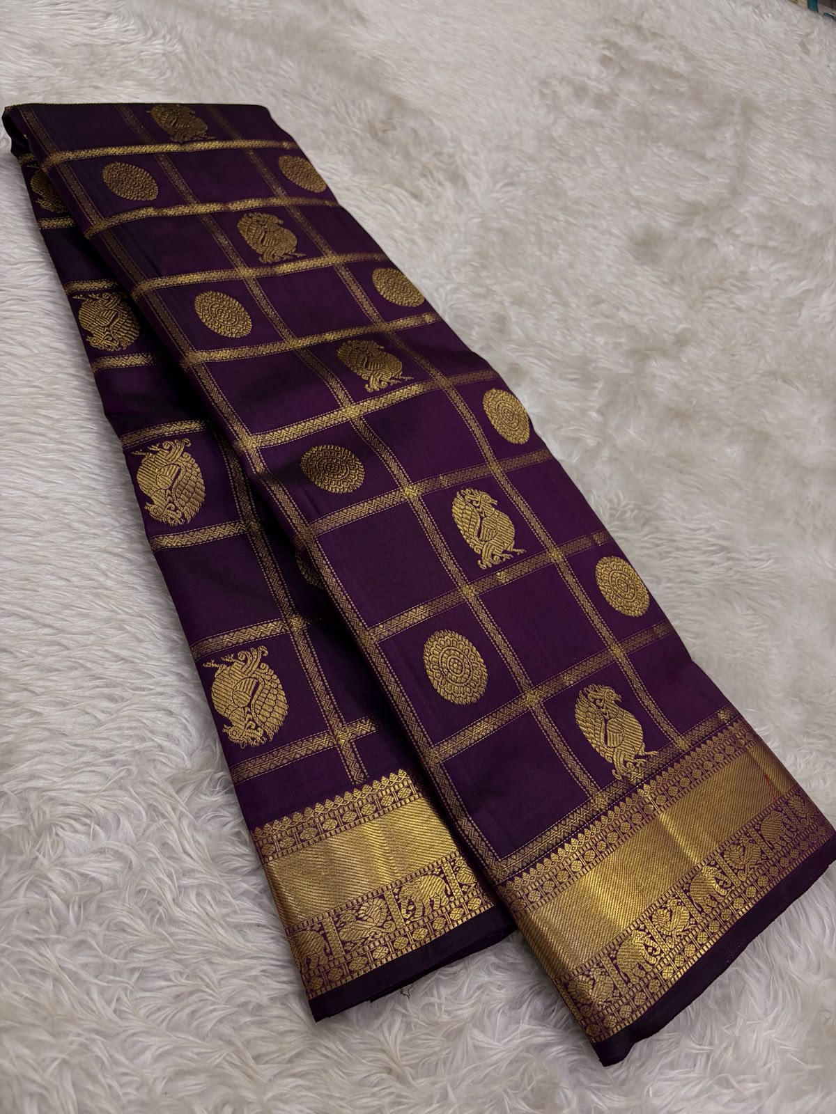 Pure Kanchipuram Handloom Bridal Silk Saree with Zari Beldari Checks